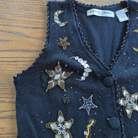 Michael Simon Beaded Y2K Vest Women’s Sweater Sz S Celestial Stars Moon Sequin - Picture 9 of 16